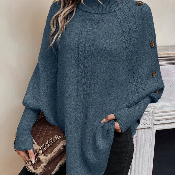 Blue Casual Women's Turtleneck Batwing Sleeve Button Detail Poncho Sweater top - Picture 3 of 7